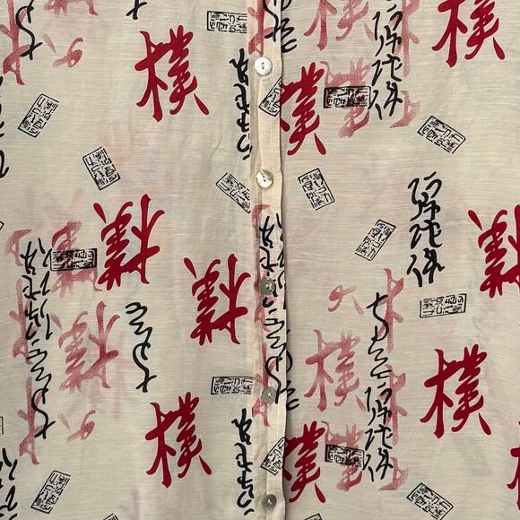 Additions Chico's Linen Silk Button-Up Asian Print Shirt Pink Red Black Women L - Picture 4 of 9